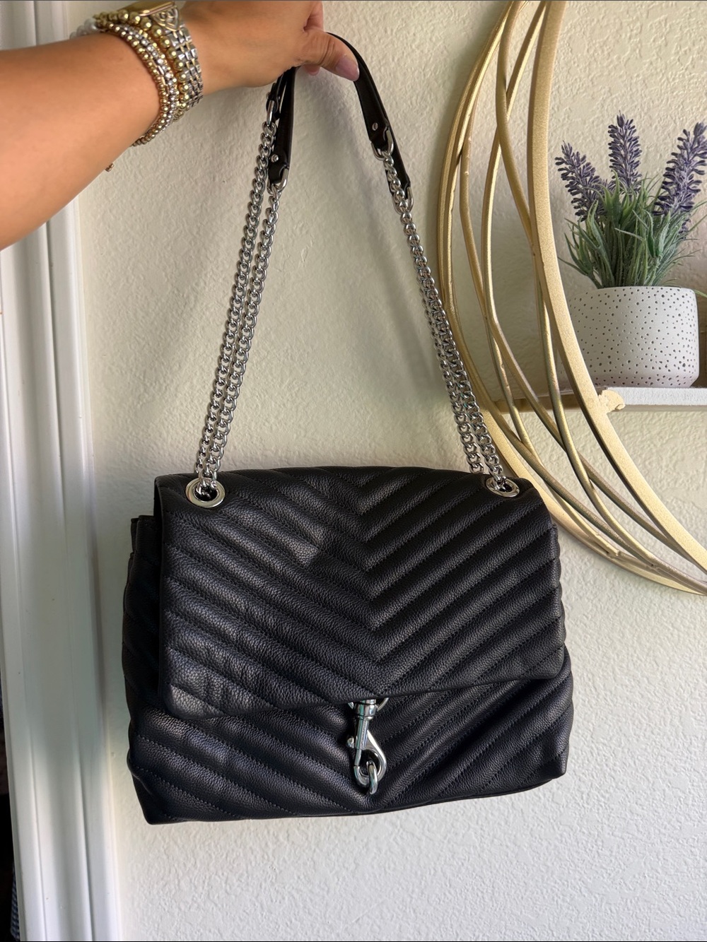 Rebecca Minkoff Black Quilted Shoulder Bag with Silver Chain